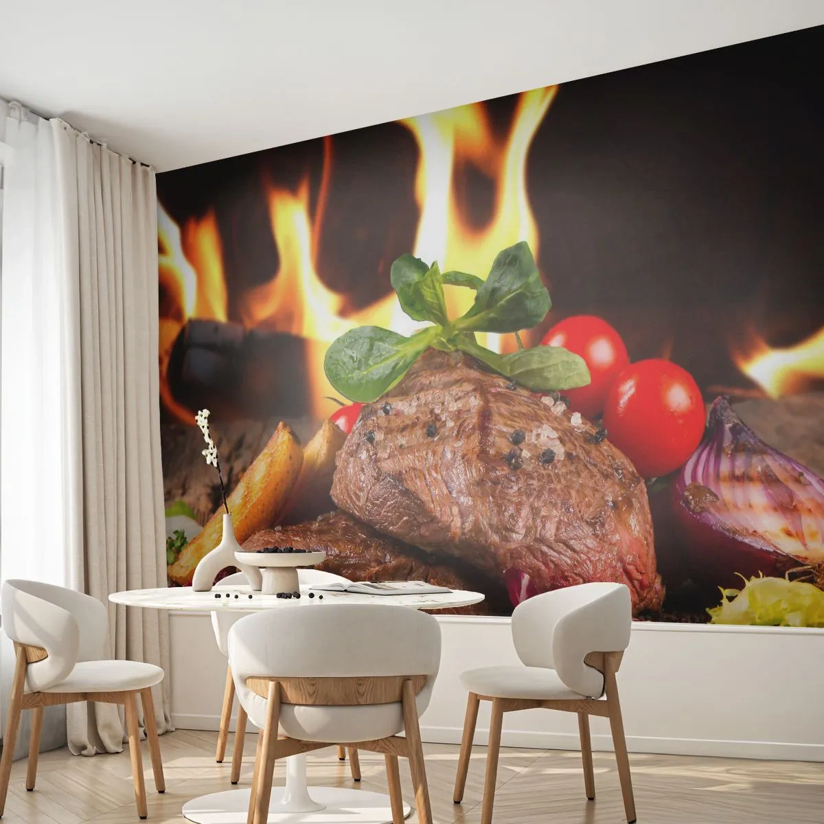 Fototapete Premium Sand - Von Hitze gezaubert - Gastronomie, Steak, Feuerflammen - 450x315 cm