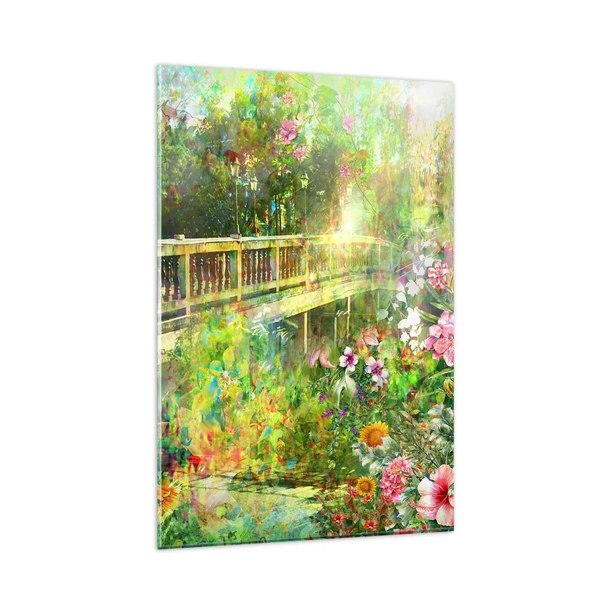 Glasbild - Bild auf glas - Eine Brücke umgeben von üppiger Vegetation und Blumen - 80x120cm - Eine Brücke aus Frühlingsseufzern - Moderne Wanddekoration für Wohnzimmer und Schlafzimmer ARTTOR