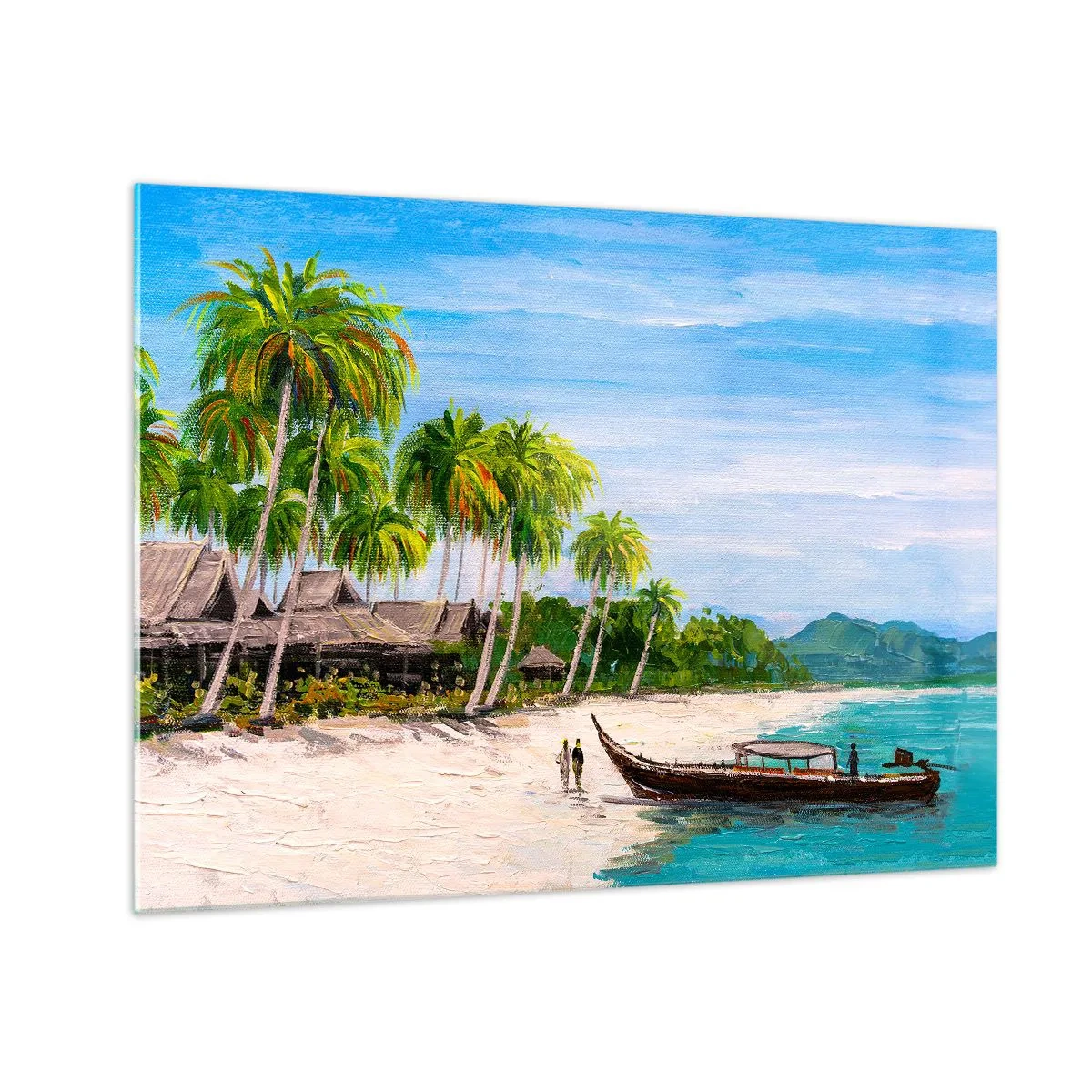 Glasbild - Bild auf glas - Tropischer Strand mit einem Boot und Palmen neben traditionellen Hütten - 70x50cm - Exotischer Traum - Moderne Wanddekoration für Wohnzimmer und Schlafzimmer ARTTOR