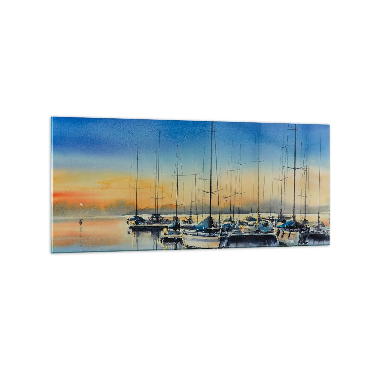 Glasbild - Bild auf glas - Yachthafen bei Sonnenuntergang mit Spiegelungen auf dem Wasser - 120x50cm - Ende eines guten Tages - Moderne Wanddekoration für Wohnzimmer und Schlafzimmer ARTTOR
