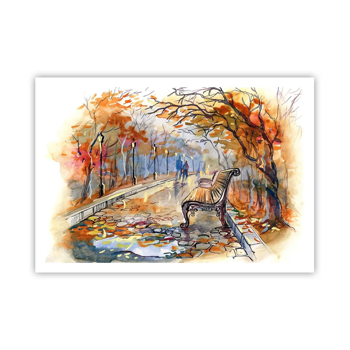 Poster - Ein herbstlicher Park mit einer Bank in Aquarell - 100x70cm - Gemeinsam im Herbst wandern - Moderne Wanddekoration für Wohnzimmer und Schlafzimmer ARTTOR