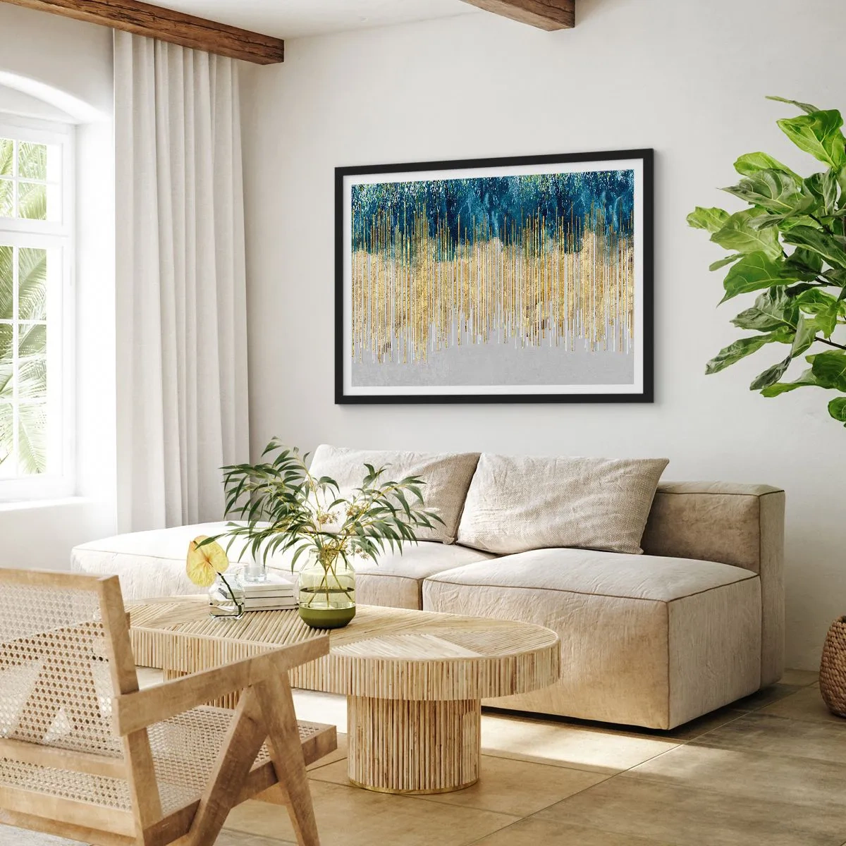 Poster in einem schwarzem Rahmen - Goldene Linien vor einem Hintergrund aus marineblauer und grauer Abstraktion - 100x70cm - Vergoldete Grenze - Moderne Wanddekoration für Wohnzimmer und Schlafzimmer ARTTOR