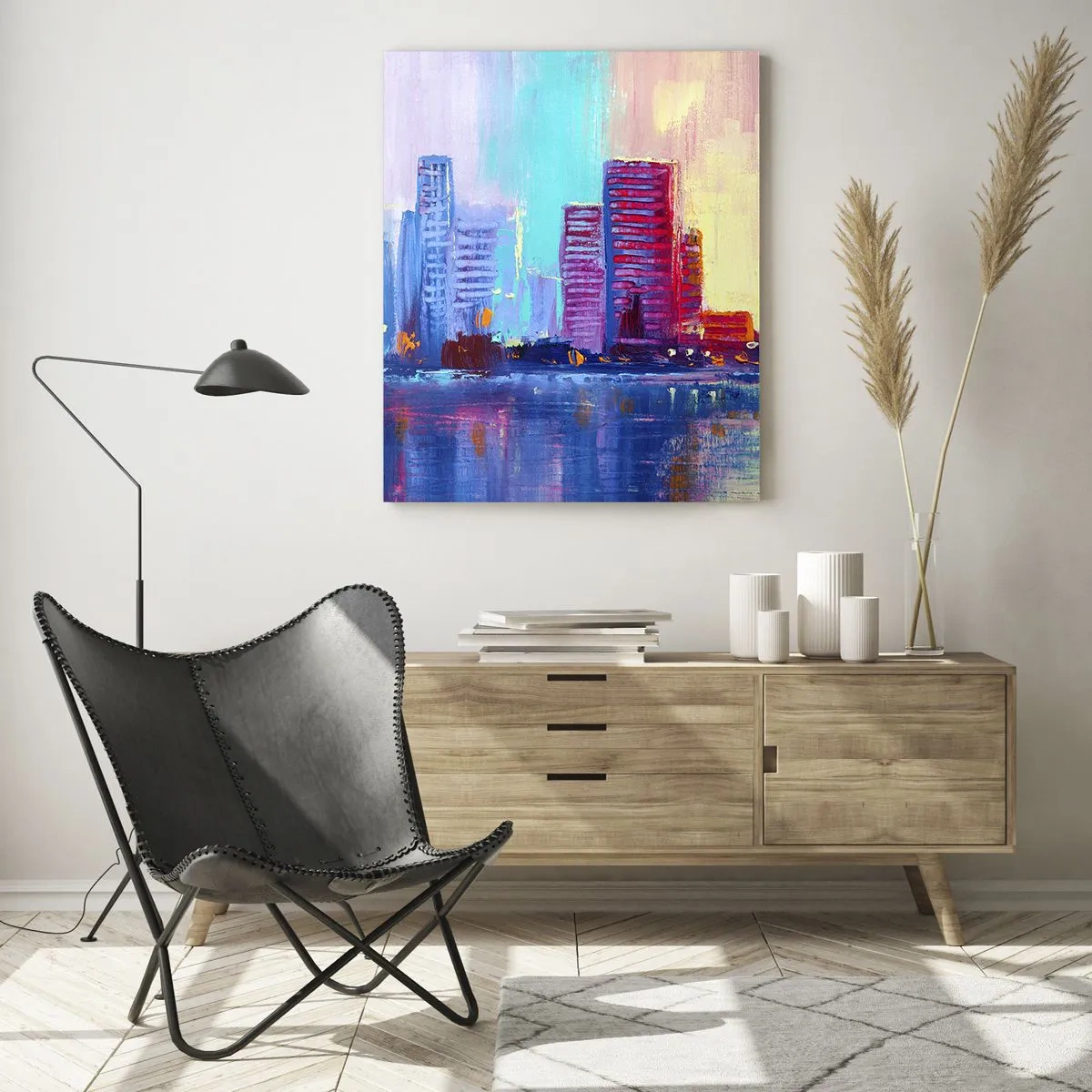 Glasbild - Bild auf glas - Eine moderne Stadt in intensiven Farben, die sich im Wasser spiegelt - 50x70cm - In Farben getaucht - Moderne Wanddekoration für Wohnzimmer und Schlafzimmer ARTTOR