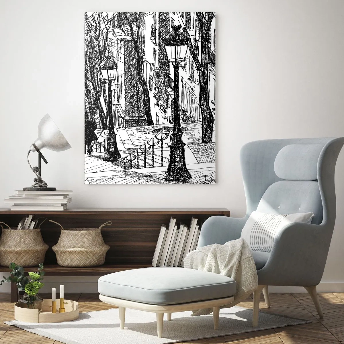 Glasbild - Bild auf glas - Schwarz-Weiß-Zeichnung einer Stadtstraße mit Laternen - 50x70cm - Liebesgeschichte oder Horrorgeschichte? - Moderne Wanddekoration für Wohnzimmer und Schlafzimmer ARTTOR