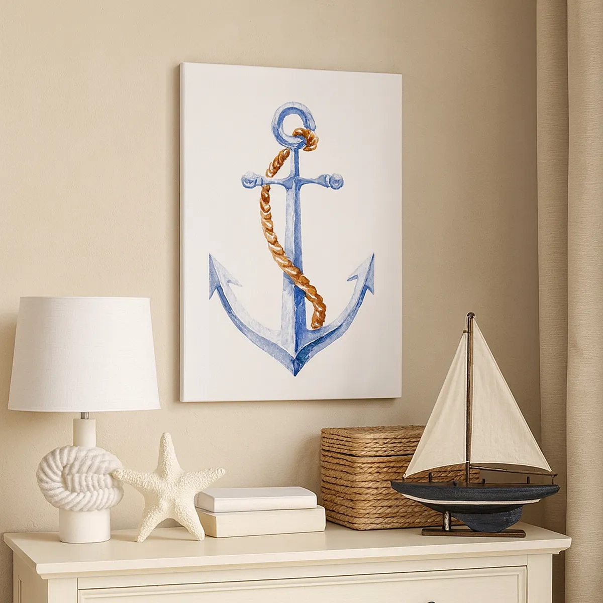 Bild auf Leinwand - Leinwandbild - Anker mit Seil im Aquarellstil - 50x70cm - Ahoi Abenteuer! - Moderne Wanddekoration für Wohnzimmer und Schlafzimmer ARTTOR