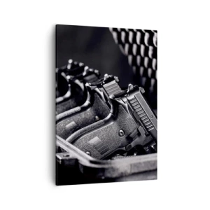 Bild auf Leinwand - Leinwandbild - Ein Schwarzweißbild eines Stapels Waffen in einem Koffer. - 50x70cm - Männersport - Moderne Wanddekoration für Wohnzimmer und Schlafzimmer ARTTOR