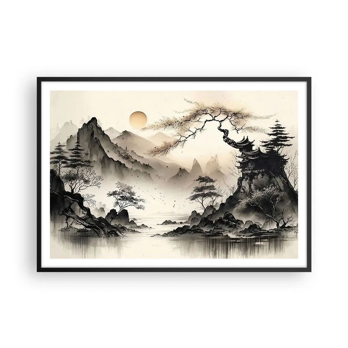 Poster in einem schwarzem Rahmen - Eine orientalische Landschaft mit Bergen und einer Pagode in zarten Farbtönen. - 100x70cm - Einzigartiger Charme des Orients - Moderne Wanddekoration für Wohnzimmer und Schlafzimmer ARTTOR