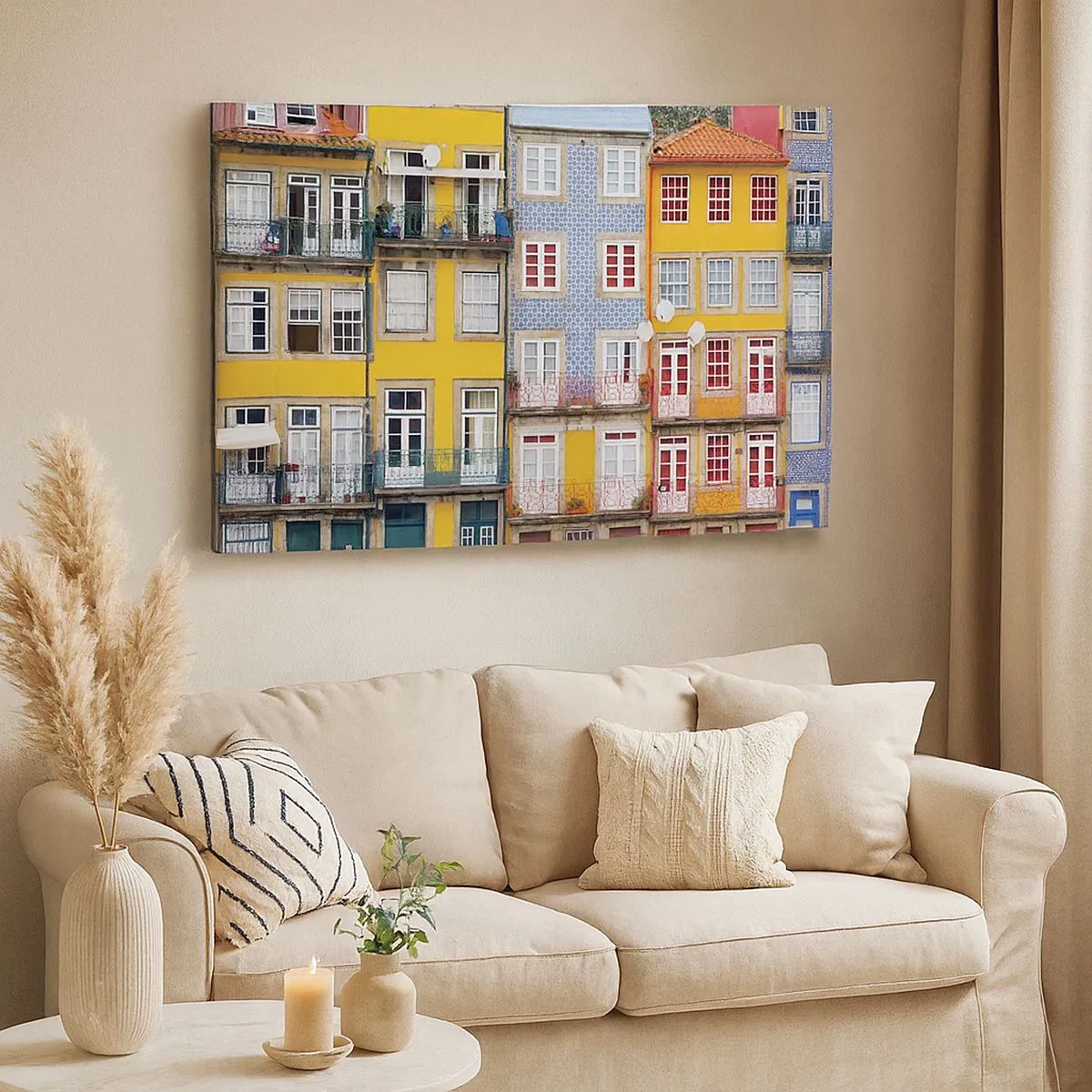 Bild auf Leinwand - Leinwandbild - Bunte Fassaden von Mietshäusern im Stadtbild - 70x50cm - Farben der Altstadt - Moderne Wanddekoration für Wohnzimmer und Schlafzimmer ARTTOR