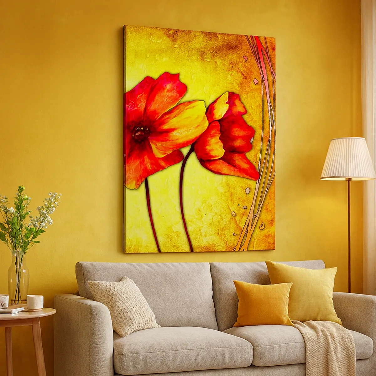 Bild auf Leinwand - Leinwandbild - Rote und gelbe Blumen auf goldenem Hintergrund mit dekorativen Mustern - 50x70cm - In Jugendstil-Dekorationen - Moderne Wanddekoration für Wohnzimmer und Schlafzimmer ARTTOR