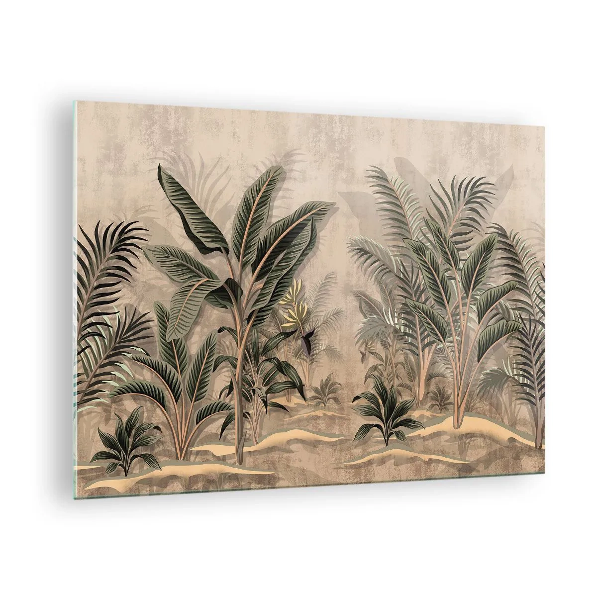 Glasbild - Bild auf glas - Tropische Pflanzen auf beigem Untergrund im Kolonialstil - 70x50cm - Eine Gravur im Kolonialstil - Moderne Wanddekoration für Wohnzimmer und Schlafzimmer ARTTOR