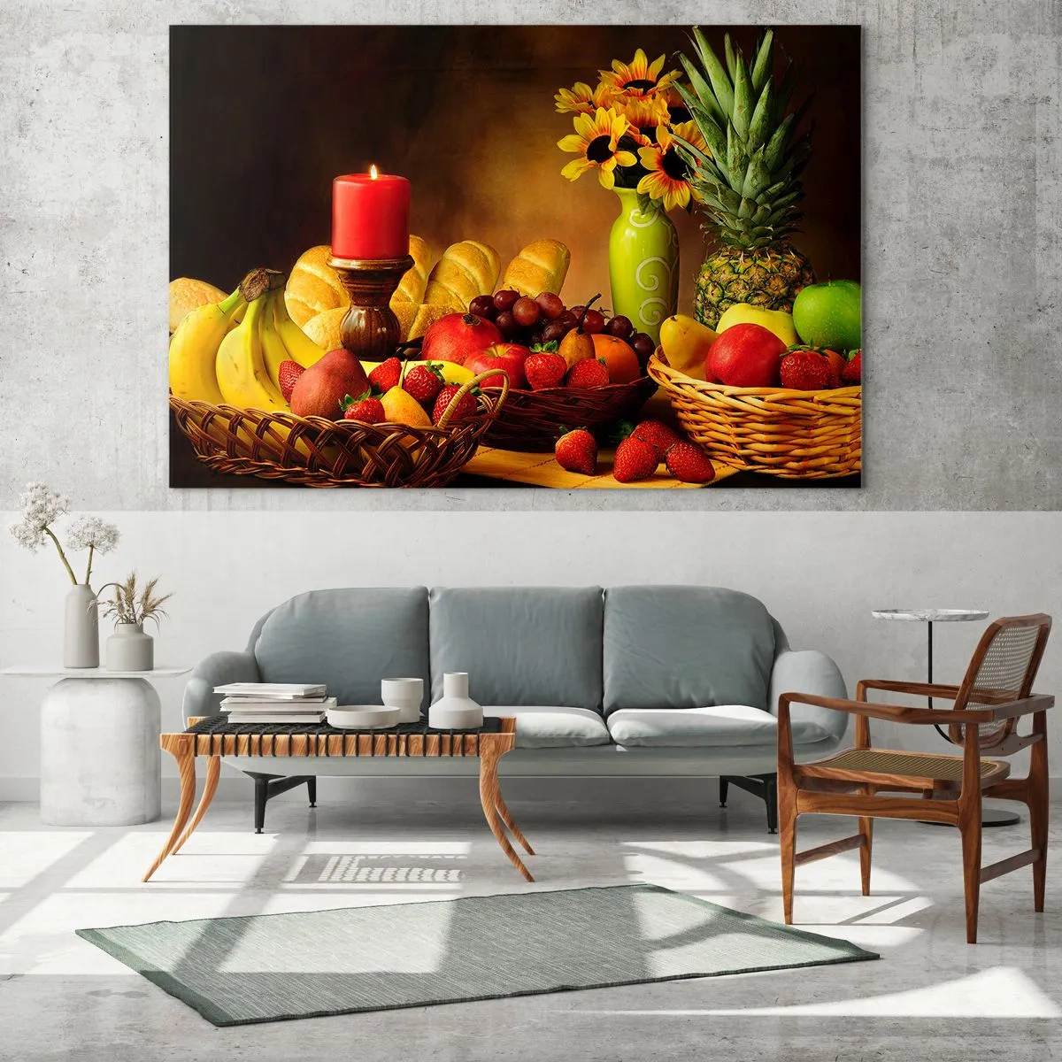 Glasbild - Bild auf glas - Eine Komposition aus Obst, Brot und einer Kerze im rustikalen Stil - 120x80cm - Stillleben mit Brot und Obst - Moderne Wanddekoration für Wohnzimmer und Schlafzimmer ARTTOR