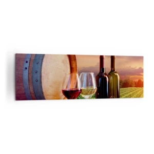 Bild auf Leinwand - Leinwandbild - Wein, Gläser und ein Fass in einer malerischen Landschaft - 160x50cm - Hier schmeckt das Leben - Moderne Wanddekoration für Wohnzimmer und Schlafzimmer ARTTOR