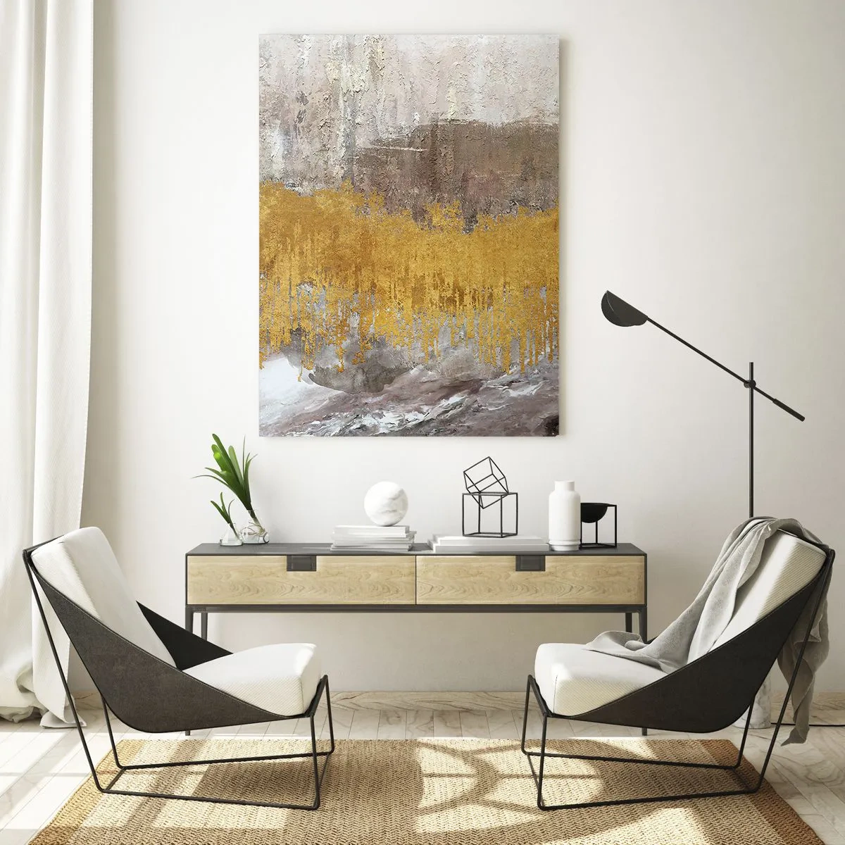 Glasbild - Bild auf glas - Goldene und erdige Strukturen erzeugen eine dynamische Abstraktion - 50x70cm - Goldene Explosion - Moderne Wanddekoration für Wohnzimmer und Schlafzimmer ARTTOR