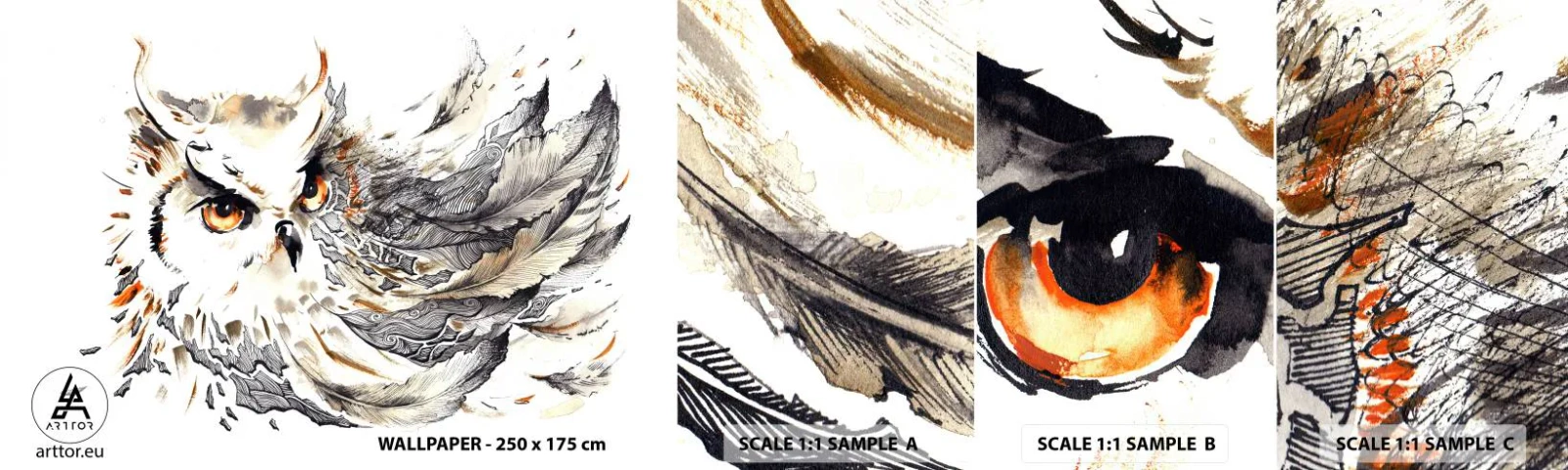 Fototapetenmuster Standard Eco - Sie kam aus der Welt der Magie - Vogel, Eule, Grafik - 100x30 cm