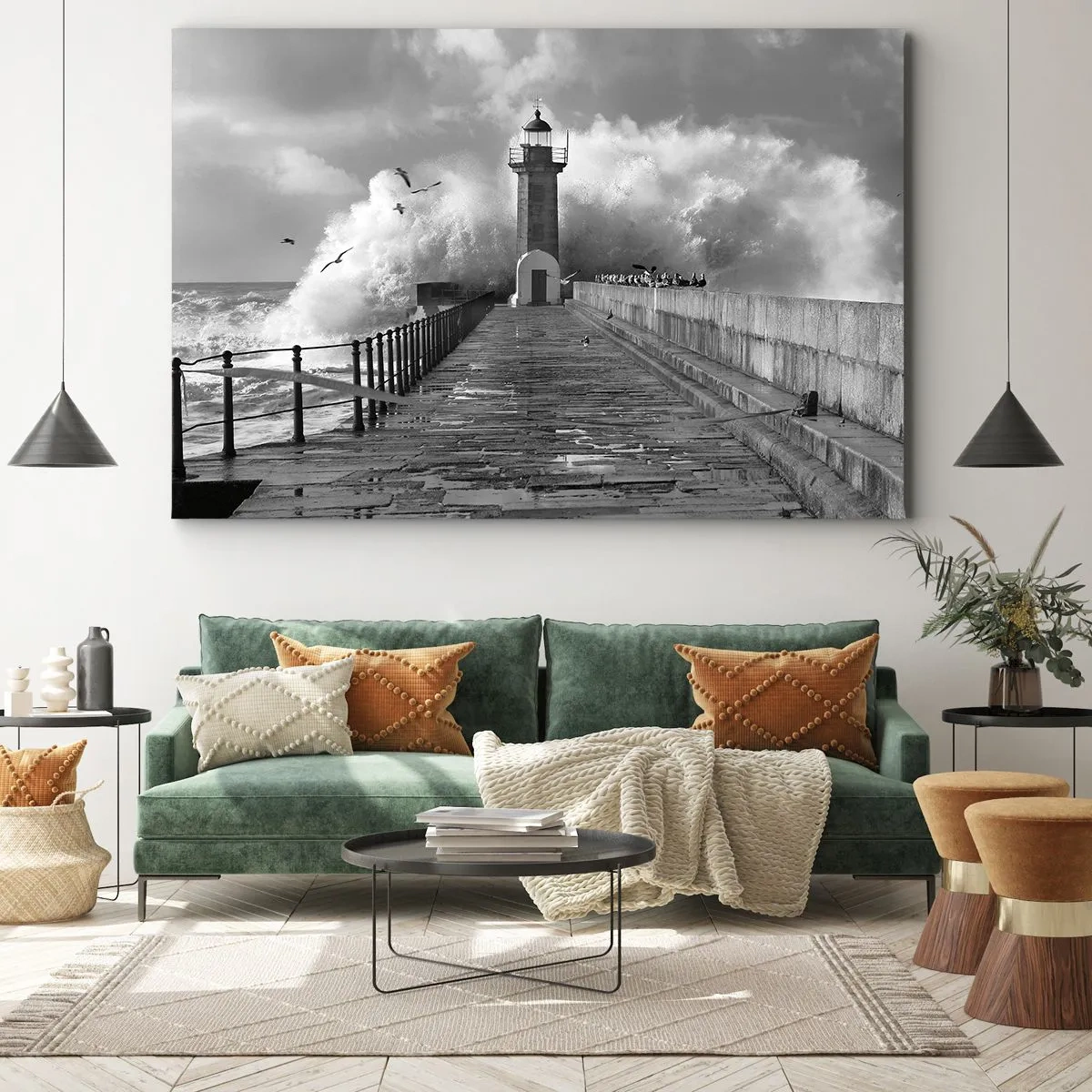 Bild auf Leinwand - Leinwandbild - Ein Leuchtturm, umgeben von Wellen während eines Sturms - 70x50cm - Furchtlos - Moderne Wanddekoration für Wohnzimmer und Schlafzimmer ARTTOR