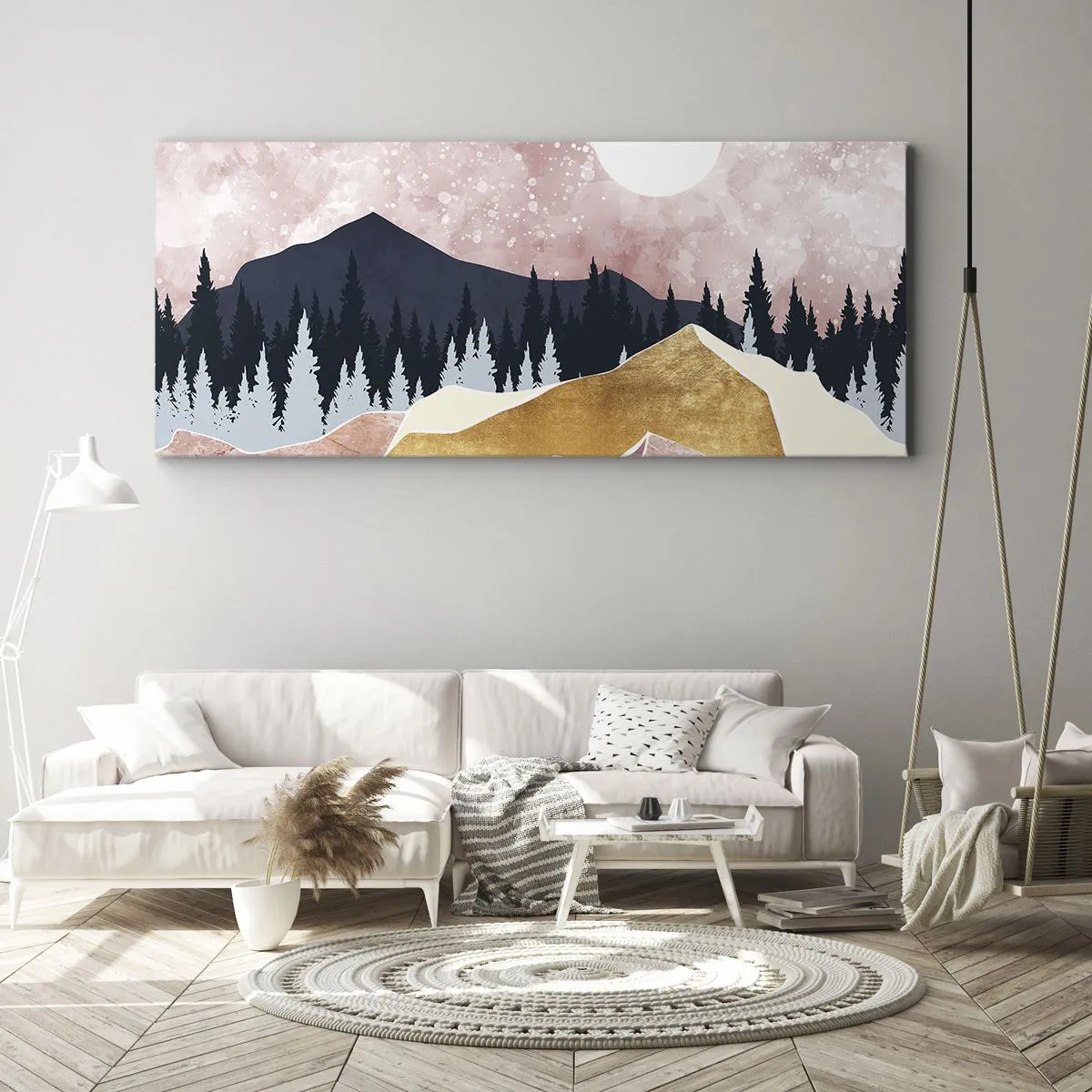 Bild auf Leinwand - Leinwandbild - Bunte Berge vor einem rosa Himmel mit einem Mond - 120x50cm - Nachtwache - Moderne Wanddekoration für Wohnzimmer und Schlafzimmer ARTTOR