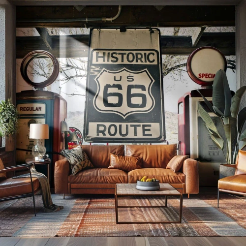 Fototapete Premium Sand - Amerikanische Retro-Reise - Jahrgang, Route 66, Route 66 - 150x105 cm