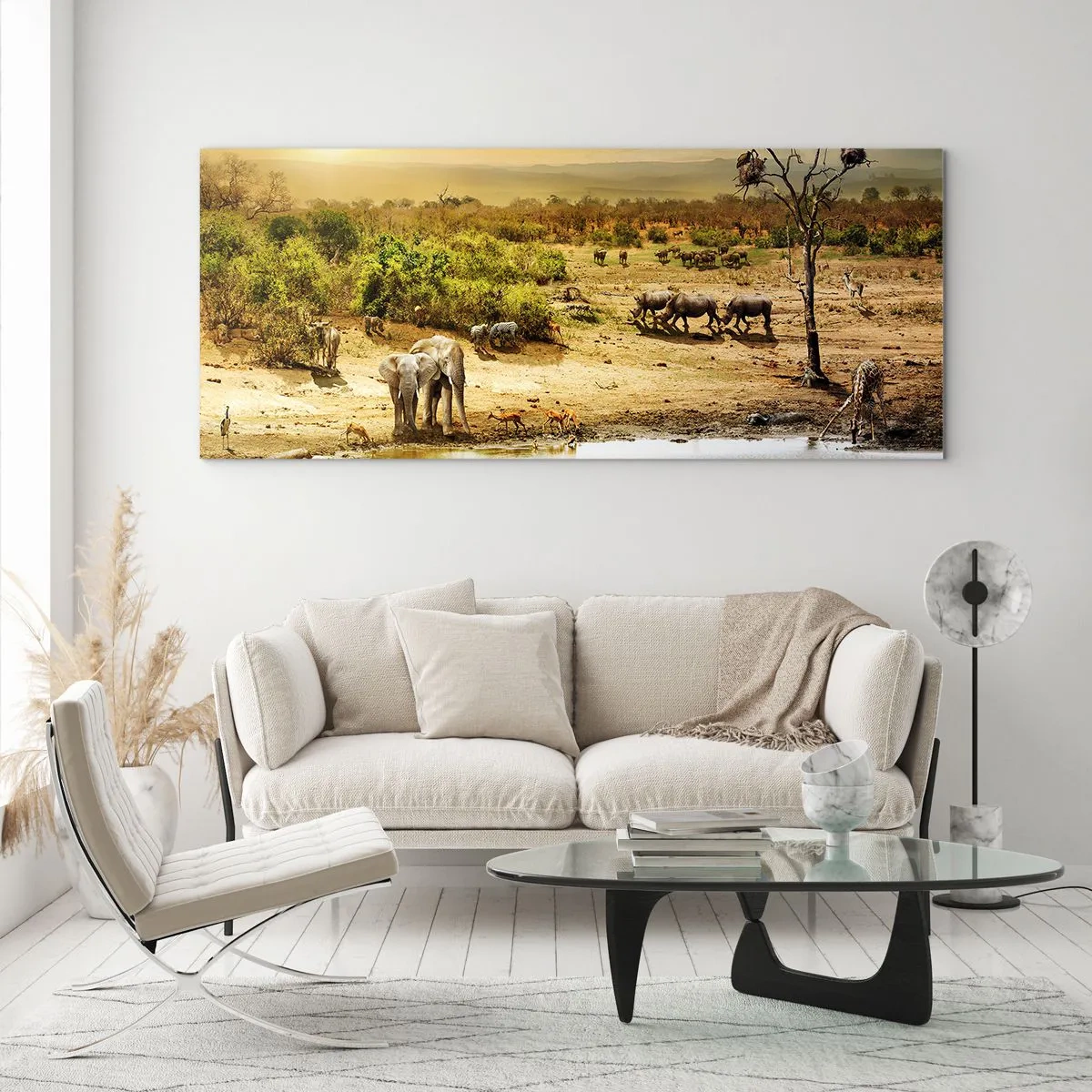 Glasbild - Bild auf glas - Elefanten und Wildtiere an einer Wasserstelle bei Sonnenuntergang - 140x50cm - Ein Fluss floss aus Eden ... - Moderne Wanddekoration für Wohnzimmer und Schlafzimmer ARTTOR