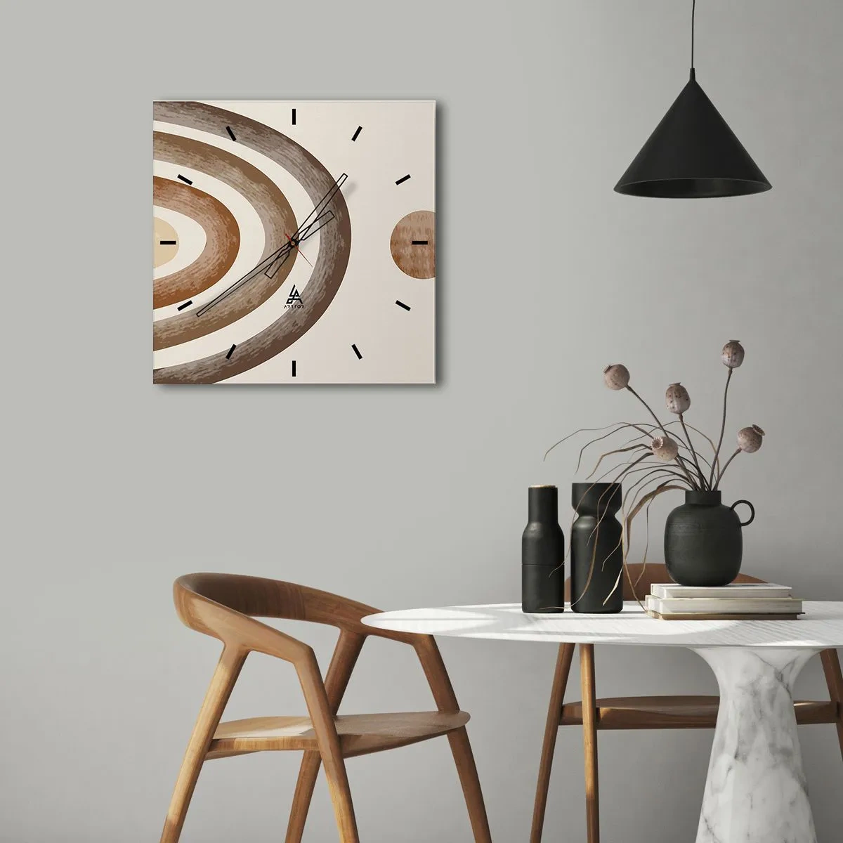 Wanduhr - Glasuhr - Geometrisches Planetenmotiv in Brauntönen - 30x30cm - In einer weit entfernten Galaxie - Moderne Wanddekoration für Wohnzimmer und Schlafzimmer ARTTOR