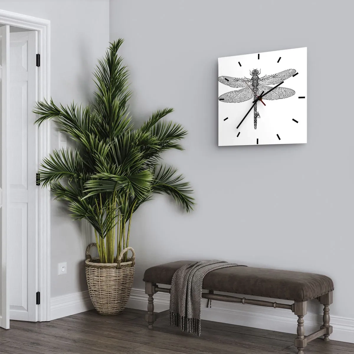 Wanduhr - Glasuhr - Schwarz-weiße Zeichnung einer Libelle auf weißem Hintergrund im minimalistischen Stil - 30x30cm - Präzision der Natur - Moderne Wanddekoration für Wohnzimmer und Schlafzimmer ARTTOR