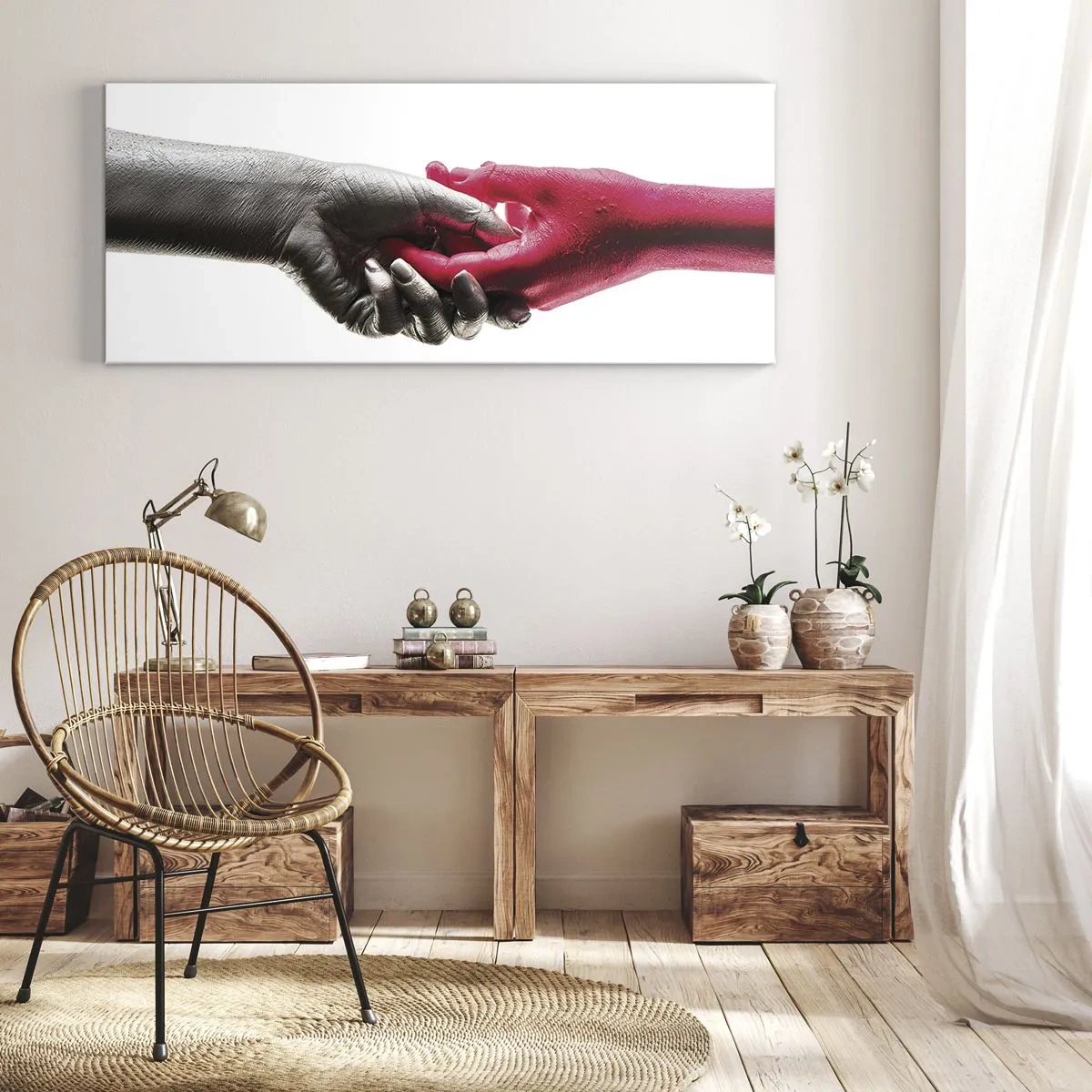Bild auf Leinwand - Leinwandbild - Symbolische Hände in Silber und Rot - 160x50cm - Gemeinsam, obwohl anders - Moderne Wanddekoration für Wohnzimmer und Schlafzimmer ARTTOR