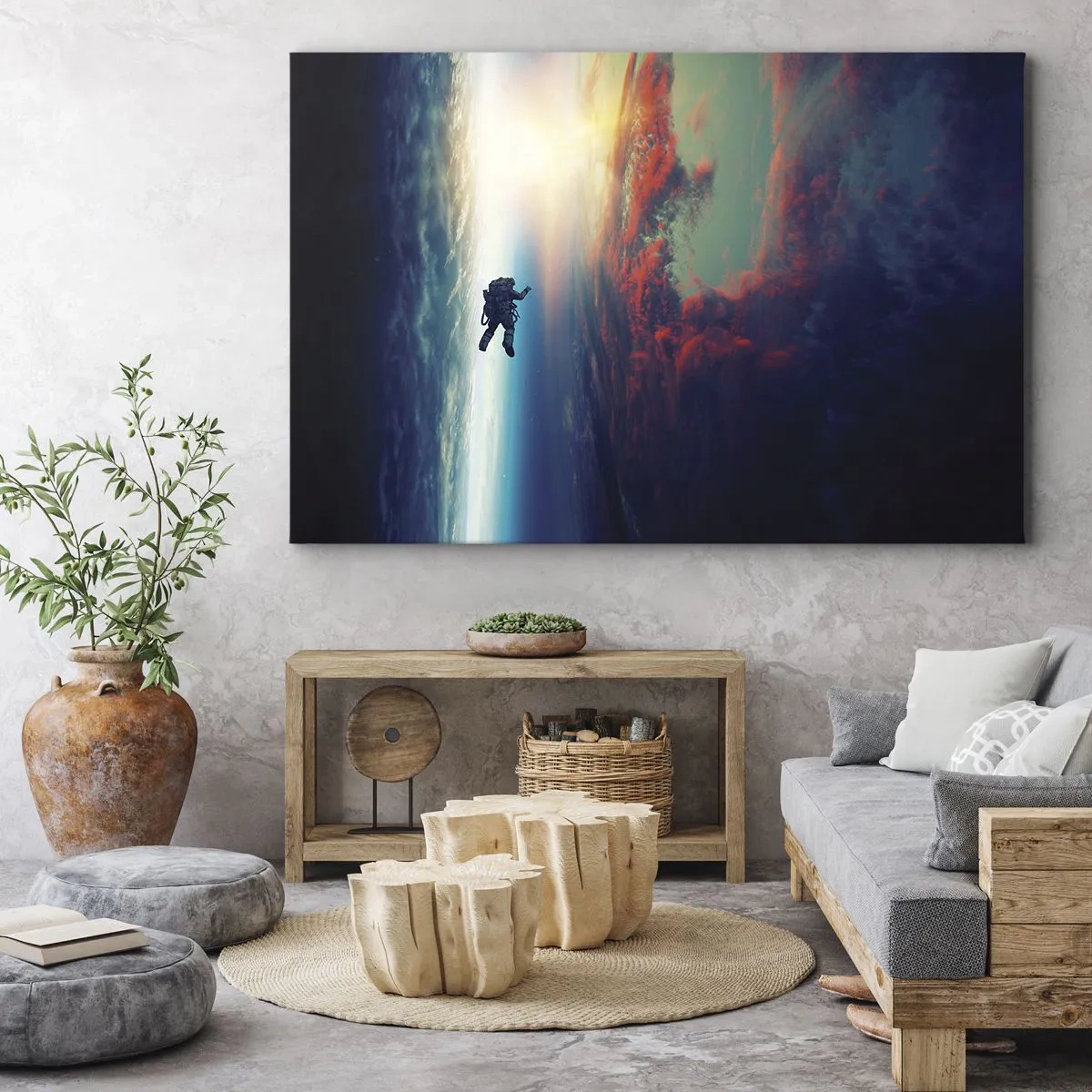 Bild auf Leinwand - Leinwandbild - Ein Astronaut schwebt im Weltraum über einer bunten Erde - 70x50cm - Sich dem Universum stellen - Moderne Wanddekoration für Wohnzimmer und Schlafzimmer ARTTOR