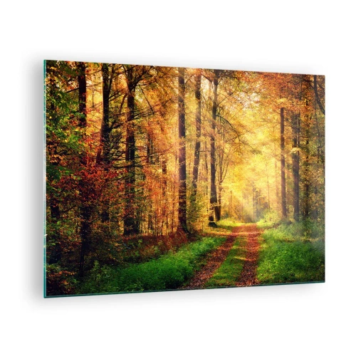 Glasbild - Bild auf glas - Herbstpfad im Wald mit Sonnenstrahlen - 70x50cm - Waldgoldene Stille - Moderne Wanddekoration für Wohnzimmer und Schlafzimmer ARTTOR