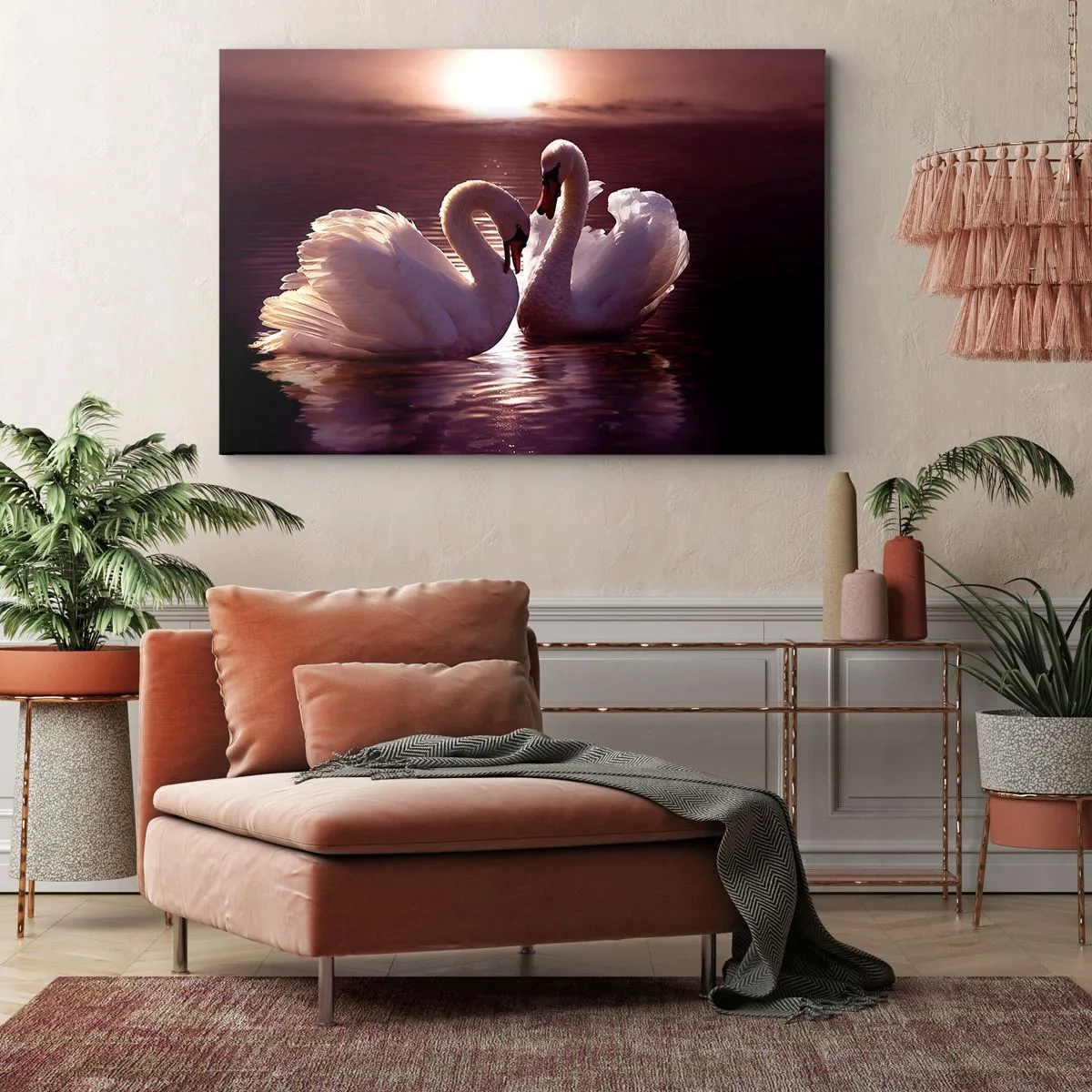 Bild auf Leinwand - Leinwandbild - Zwei Schwäne auf einem ruhigen See bei Sonnenuntergang - 70x50cm - Bis der Tod uns scheidet - Moderne Wanddekoration für Wohnzimmer und Schlafzimmer ARTTOR