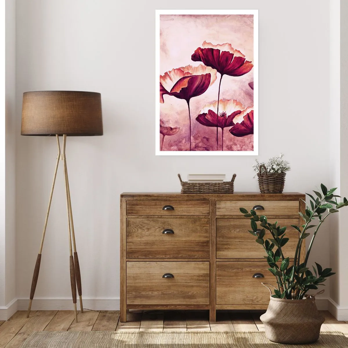 Poster - Malerische Mohnblumen vor einem dezenten Pastellhintergrund - 50x70cm - Rotes und weißes Blütenblatt - Moderne Wanddekoration für Wohnzimmer und Schlafzimmer ARTTOR