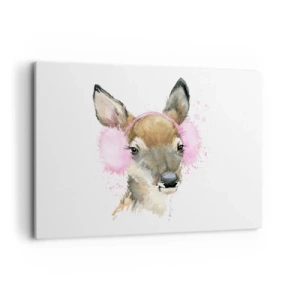 Bild auf Leinwand - Leinwandbild - Aquarell Hirsch in rosa Ohrenschützern - 100x70cm - Und der Frost ist nicht mehr schrecklich - Moderne Wanddekoration für Wohnzimmer und Schlafzimmer ARTTOR