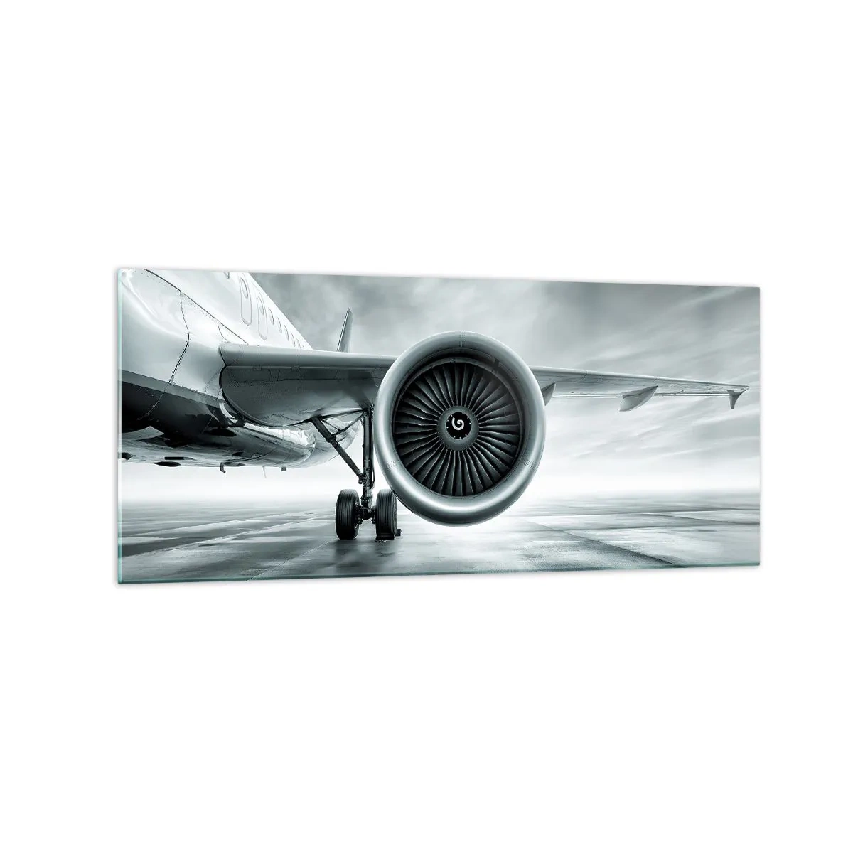 Glasbild - Bild auf glas - Das Düsentriebwerk eines Flugzeugs auf dem Rollfeld - 120x50cm - Die Macht ist da! - Moderne Wanddekoration für Wohnzimmer und Schlafzimmer ARTTOR