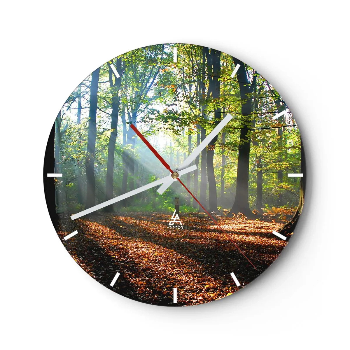 Wanduhr - Glasuhr - Sonnenstrahlen im herbstlichen Wald - 30x30cm - Licht und Schatten - Moderne Wanddekoration für Wohnzimmer, Küche und Schlafzimmer ARTTOR