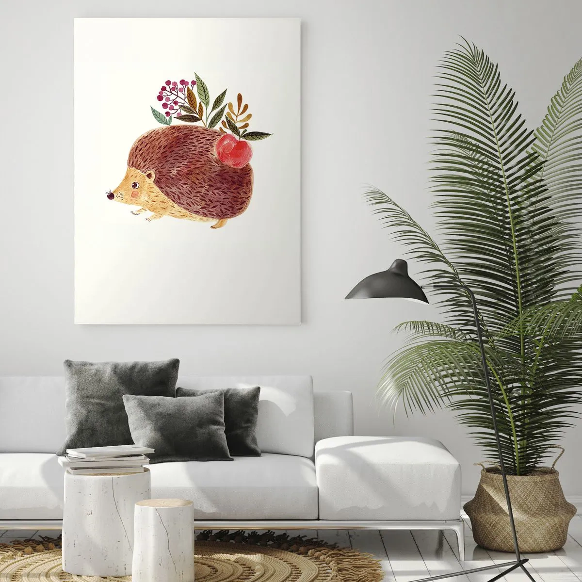 Glasbild - Bild auf glas - Ein süßer Igel mit einem Apfel und Pflanzen im illustrativen Stil - 80x120cm - Und dann magst du mich schon - Moderne Wanddekoration für Wohnzimmer und Schlafzimmer ARTTOR