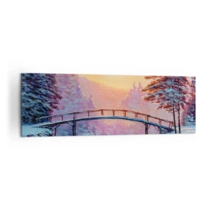 Bild auf Leinwand - Leinwandbild - Winterlandschaft mit einer vom Sonnenuntergang beleuchteten Brücke - 160x50cm - Vier Jahreszeiten - Winter - Moderne Wanddekoration für Wohnzimmer und Schlafzimmer ARTTOR