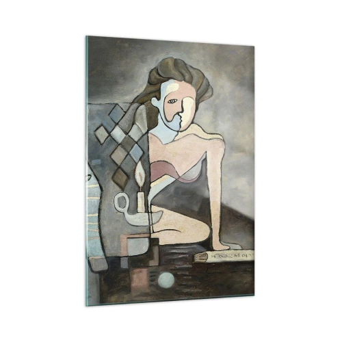 Glasbild - Bild auf glas - Eine abstrakte Szene mit zwei Figuren im kubistischen Stil. - 50x70cm - Mosaik aus Geist und Materie - Moderne Wanddekoration für Wohnzimmer und Schlafzimmer ARTTOR