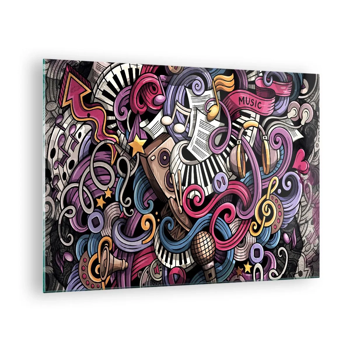 Glasbild - Bild auf glas - Bunte Musikthemen mit Noten und Instrumenten - 70x50cm - Komplizierte Melodie - Moderne Wanddekoration für Wohnzimmer und Schlafzimmer ARTTOR
