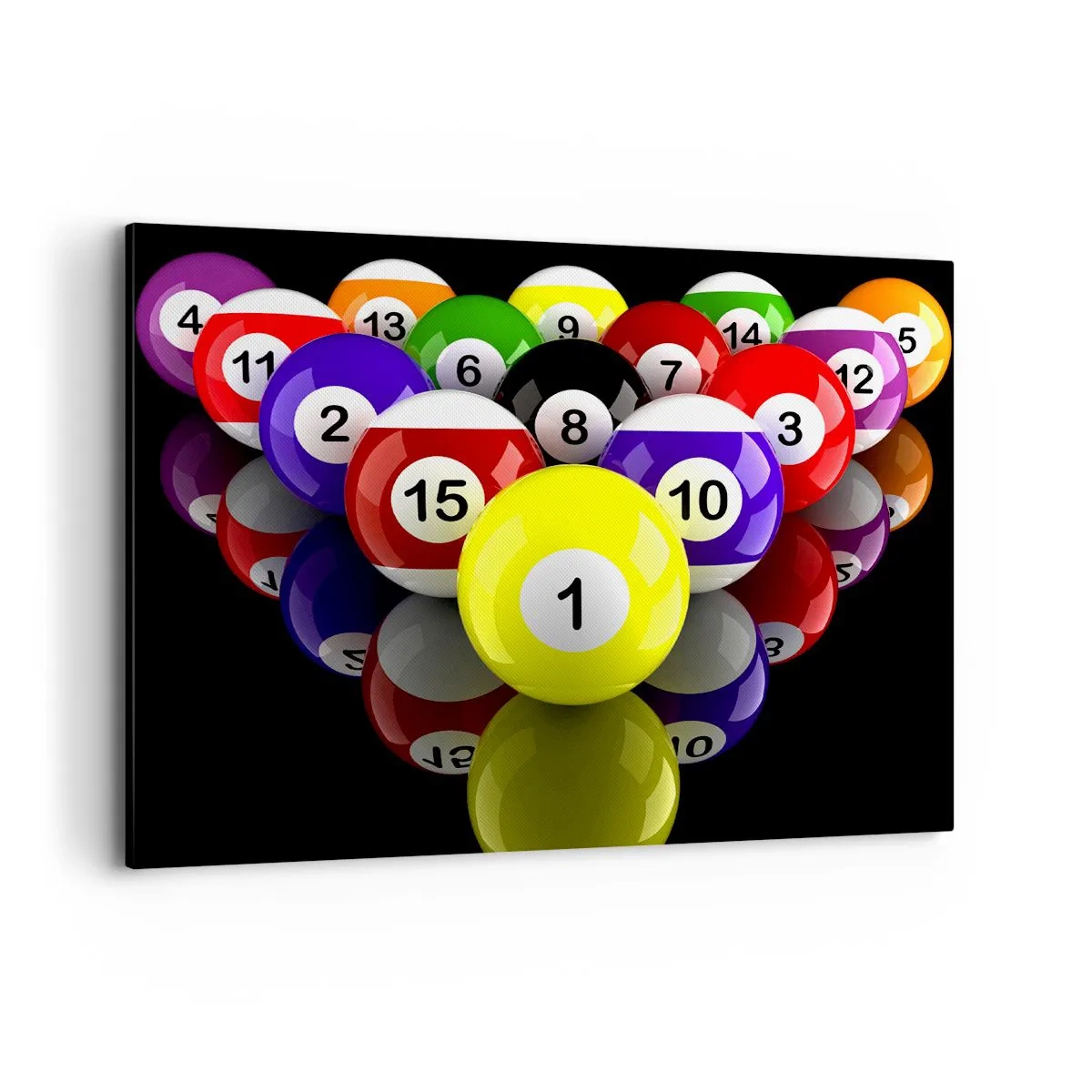 Bild auf Leinwand - Leinwandbild - Bunte Billardkugeln in einem Dreieck auf schwarzem Hintergrund angeordnet - 100x70cm - Verschiedene Spielfarben - Moderne Wanddekoration für Wohnzimmer und Schlafzimmer ARTTOR