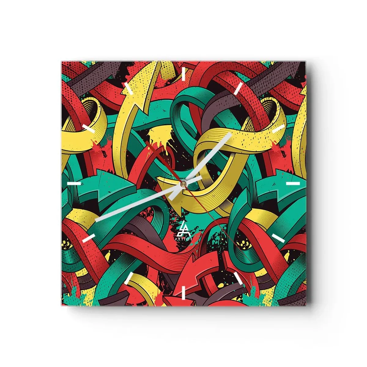 Wanduhr - Glasuhr - Abstrakte Pfeile in leuchtenden Farben schaffen Chaos - 30x30cm - Welcher Weg zum Ziel? - Moderne Wanddekoration für Wohnzimmer und Schlafzimmer ARTTOR