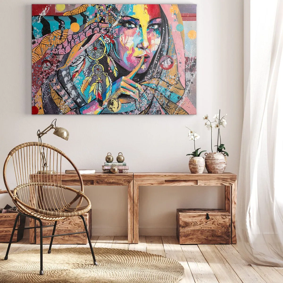 Bild auf Leinwand - Leinwandbild - Buntes weibliches Gesicht im künstlerischen Stil - 70x50cm - Sei still, bis du verstehst - Moderne Wanddekoration für Wohnzimmer und Schlafzimmer ARTTOR