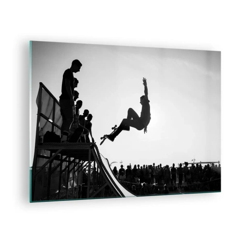 Glasbild - Bild auf glas - Schwarz-weißer Skater in der Luft - 70x50cm - Helden und Zuschauer - Moderne Wanddekoration für Wohnzimmer und Schlafzimmer ARTTOR