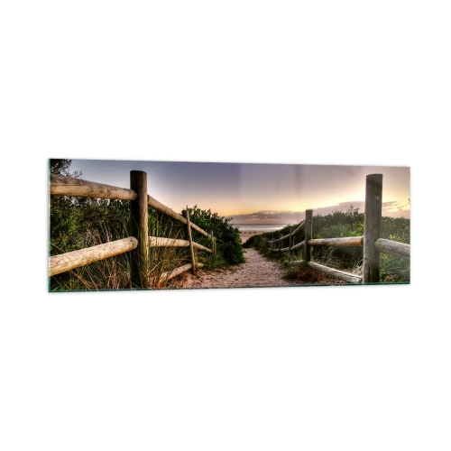 Glasbild - Bild auf glas - Holzweg in den Dünen, der bei Sonnenuntergang zum Strand führt - 160x50cm - Das Ziel ist bereits sichtbar - Moderne Wanddekoration für Wohnzimmer und Schlafzimmer ARTTOR