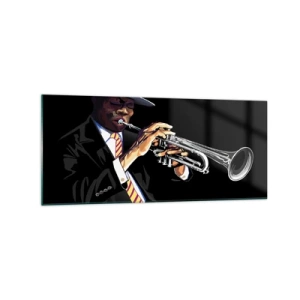 Glasbild - Bild auf glas - Ein Musiker spielt Trompete vor schwarzem Hintergrund - 120x50cm - Charme der alten Schule - Moderne Wanddekoration für Wohnzimmer und Schlafzimmer ARTTOR