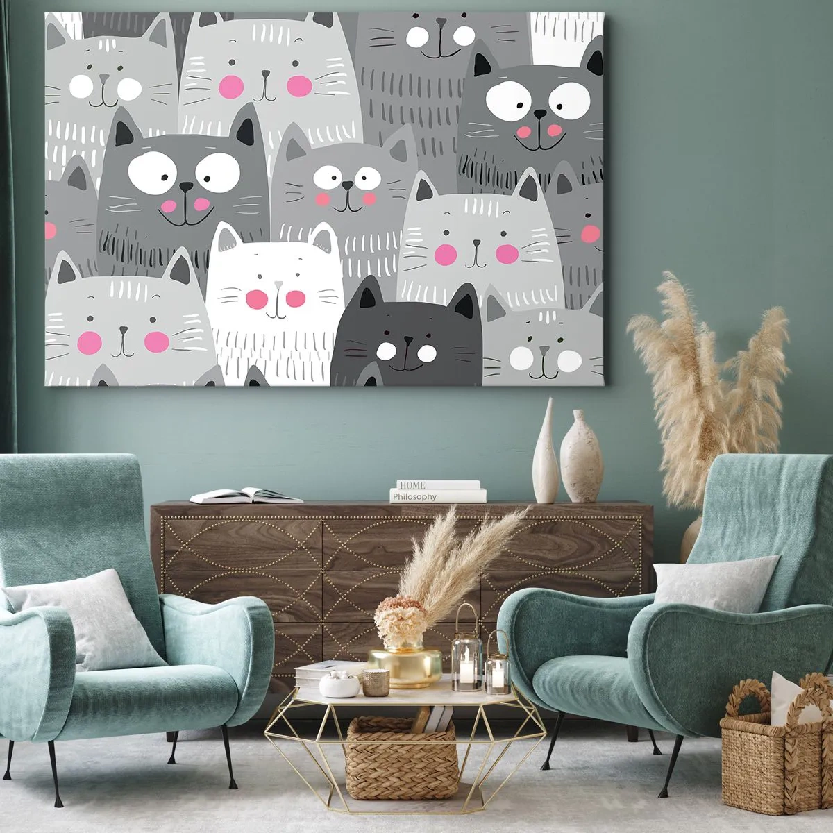 Bild auf Leinwand - Leinwandbild - Ein lustiges Muster mit Katzen in Grautönen - 120x80cm - Katzenwelt - Moderne Wanddekoration für Wohnzimmer und Schlafzimmer ARTTOR