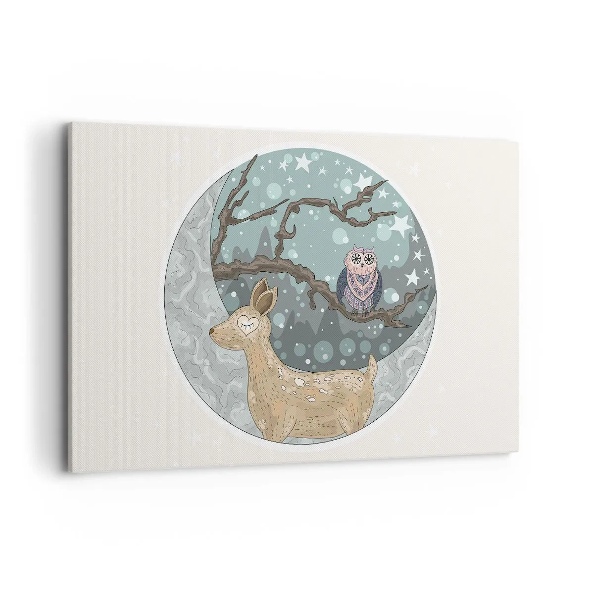 Bild auf Leinwand - Leinwandbild - Ein Reh und eine Eule in einer märchenhaften Nachtlandschaft - 120x80cm - Eine märchenhafte Waldnacht - Moderne Wanddekoration für Wohnzimmer und Schlafzimmer ARTTOR