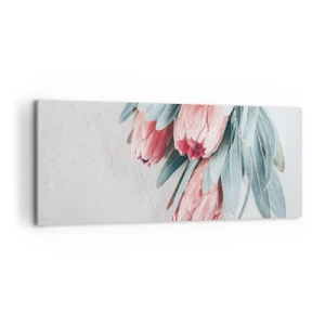 Bild auf Leinwand - Leinwandbild - Dezente rosa Protea-Blüten auf hellem Hintergrund - 120x50cm - Schämen sich für ihre eigene Schönheit - Moderne Wanddekoration für Wohnzimmer und Schlafzimmer ARTTOR