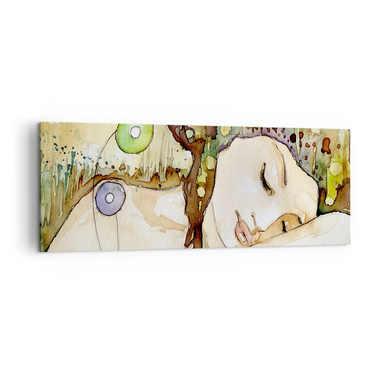 Bild auf Leinwand - Leinwandbild - Eine träumende Frau, umgeben von abstrakten Formen und Farben. - 140x50cm - Ein smaragd-violetter Traum - Moderne Wanddekoration für Wohnzimmer und Schlafzimmer ARTTOR