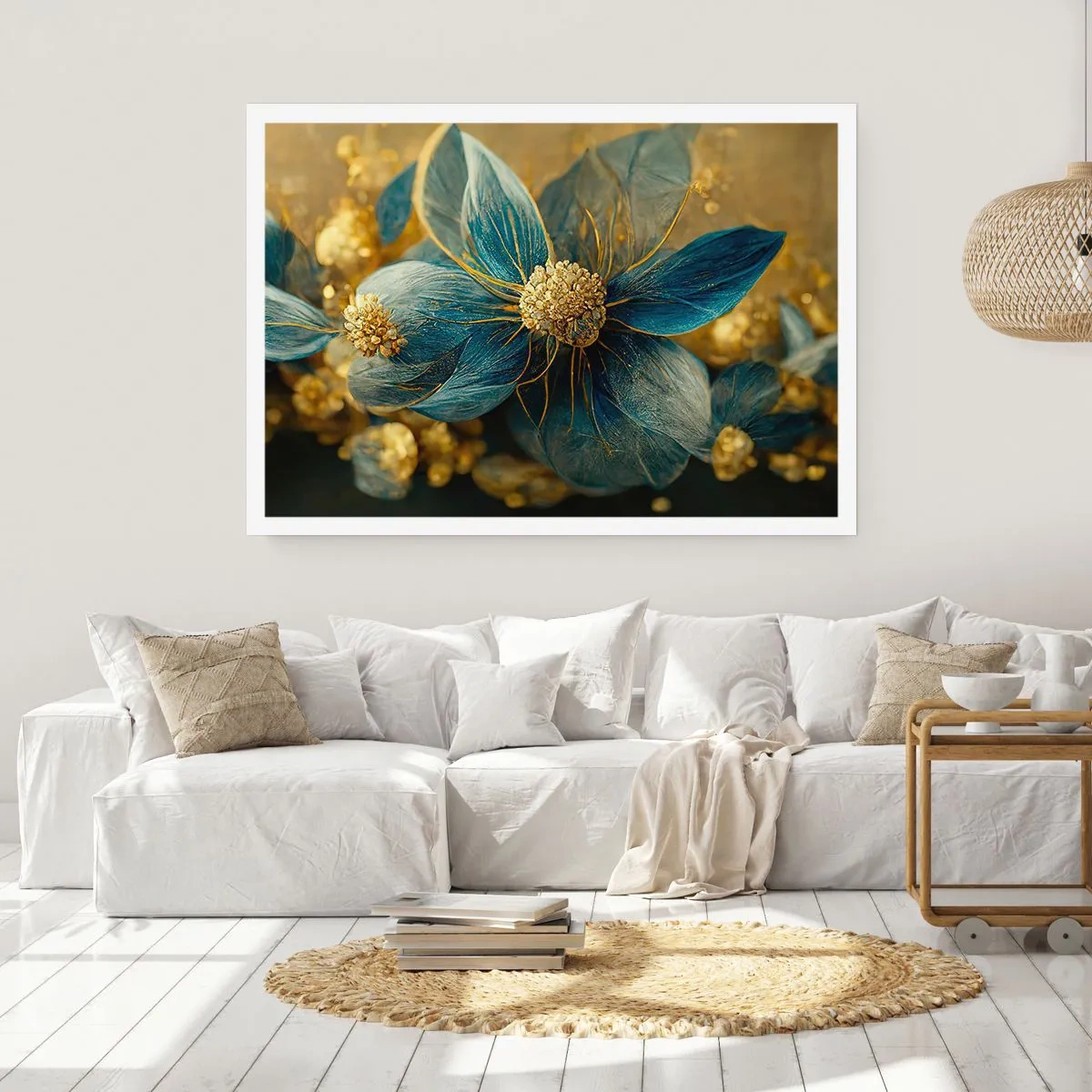 Poster - Elegante Blumen in Blau- und Goldtönen - 100x70cm - Mit Gold blühen - Moderne Wanddekoration für Wohnzimmer und Schlafzimmer ARTTOR