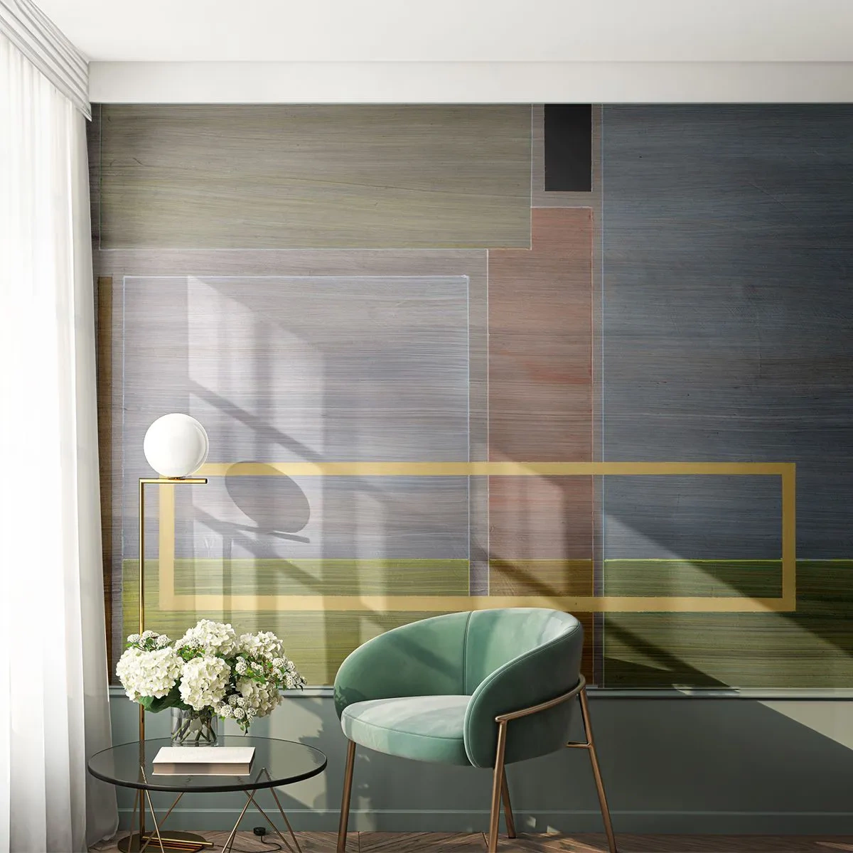 Fototapete Premium Sand - Eine geometrische Komposition in gedämpften Farben mit gelbem Akzent - 100x70cm - Einfach und ruhig - Moderne Wanddekoration für Wohnzimmer und Schlafzimmer ARTTOR