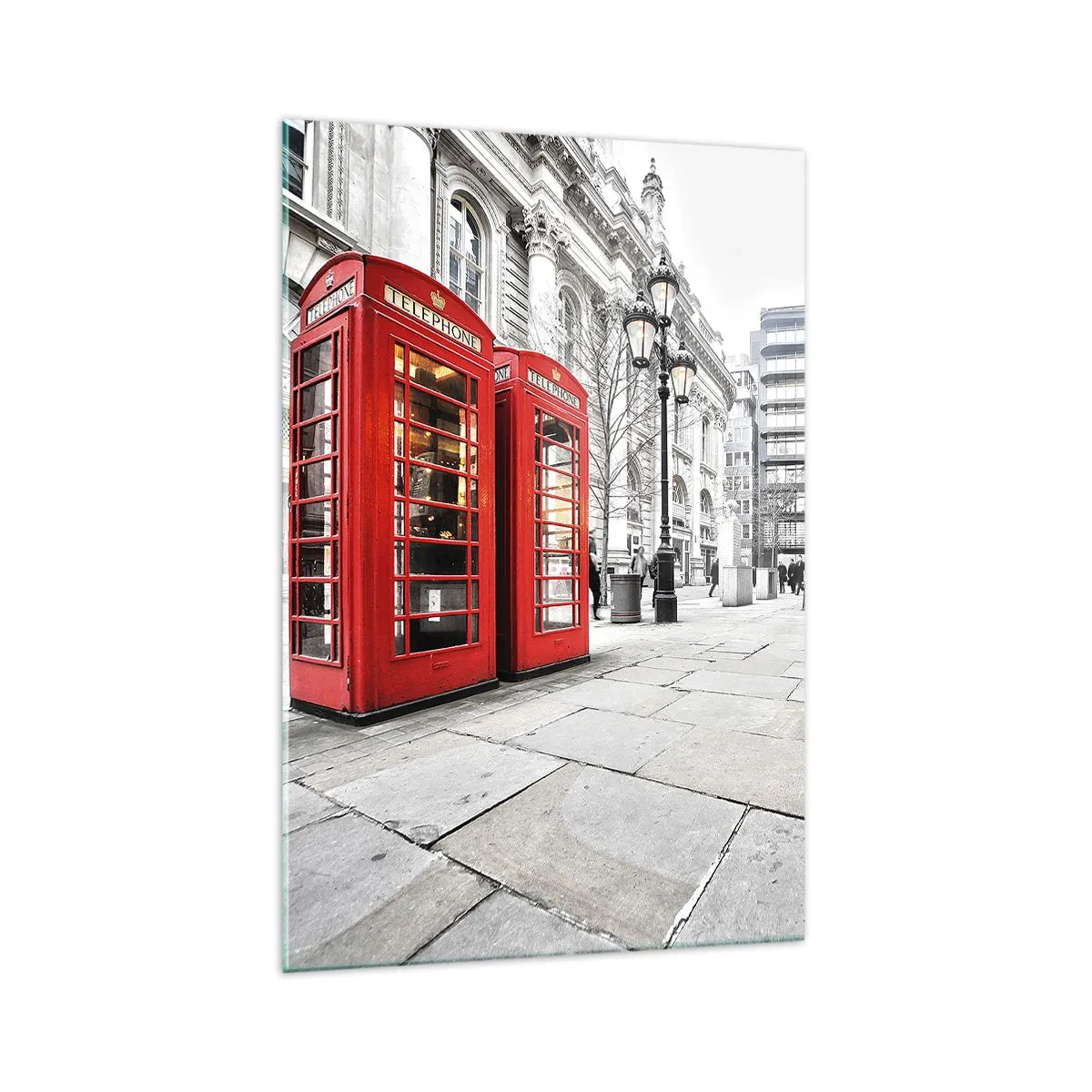 Glasbild - Bild auf glas - Rote Telefonzellen vor dem Hintergrund der Stadtlandschaft - 70x100cm - Willkommen in London - Moderne Wanddekoration für Wohnzimmer und Schlafzimmer ARTTOR