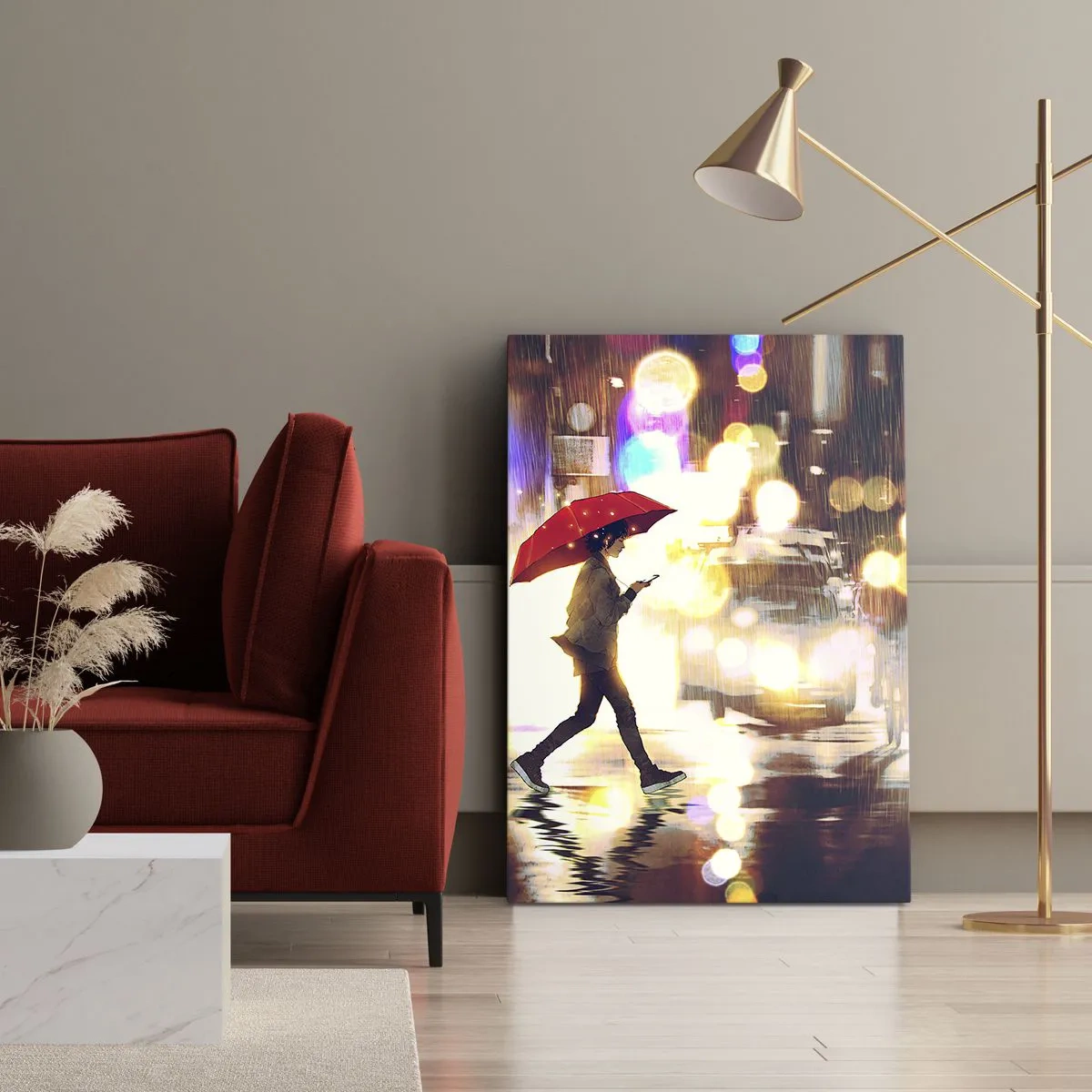 Bild auf Leinwand - Leinwandbild - Eine Figur mit einem roten Regenschirm auf der Straße im Regen - 80x120cm - Und doch sonnig - Moderne Wanddekoration für Wohnzimmer und Schlafzimmer ARTTOR